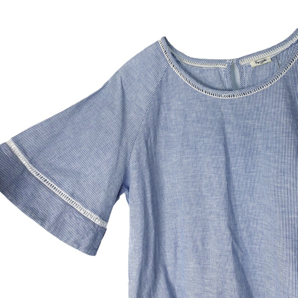 Splendid Linen Ladder Lace Crochet Fluted Bell Sleeve Blue White Striped Large